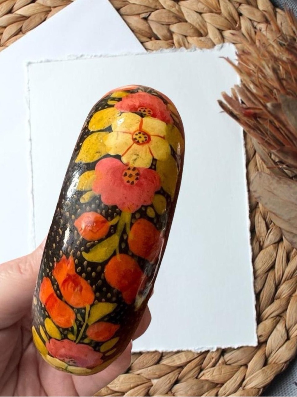 Vintage Hand Painted Floral Wooden Chunky Bangle Bracelet